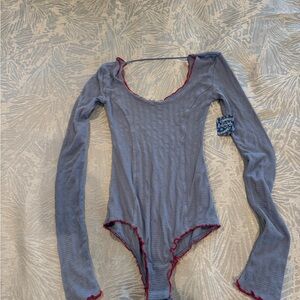 Free People Blue Long Sleeve Bodysuit with Red Trim